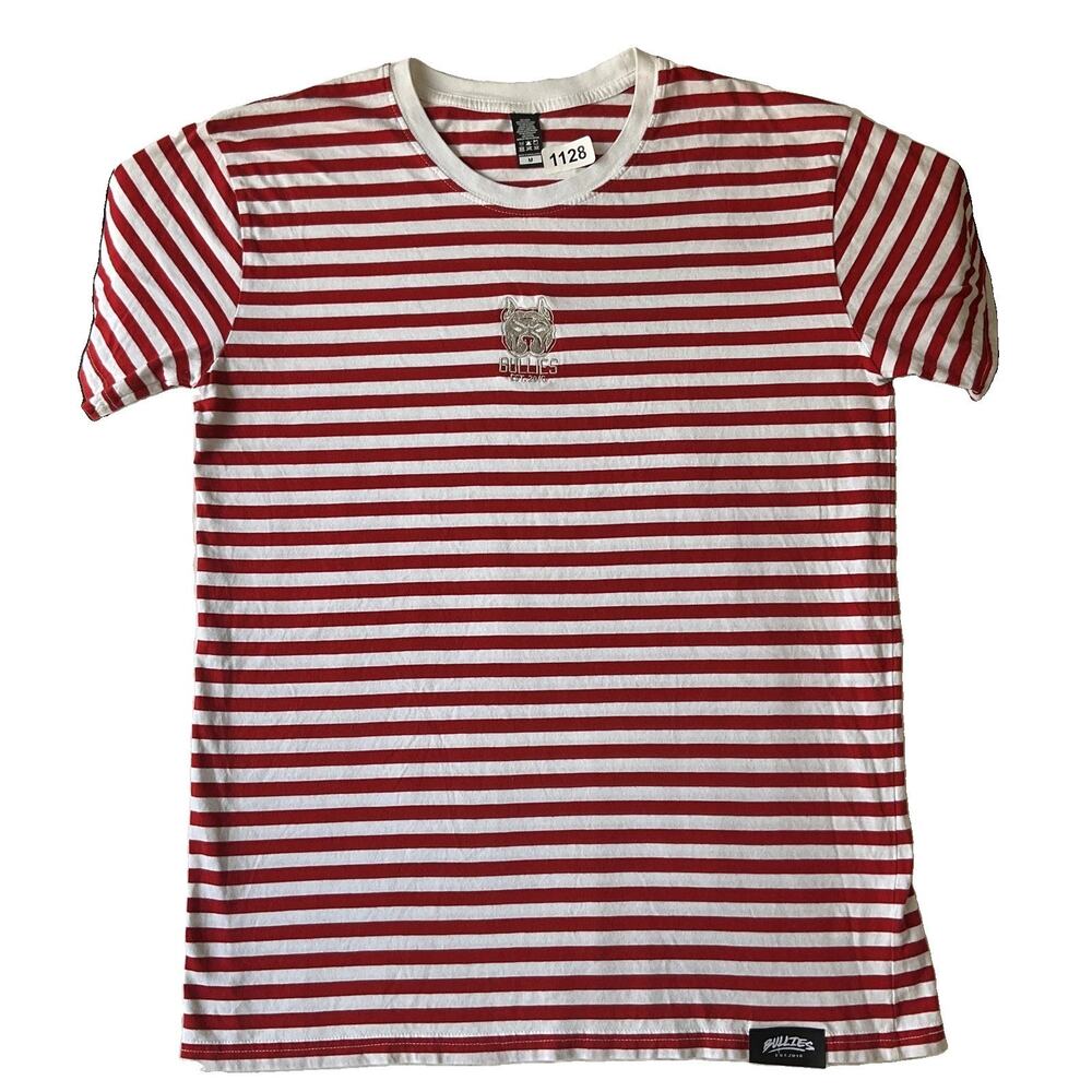 Bullies Men Shirt M Red White Bulldog Head Embroidery Striped Short Sleeve